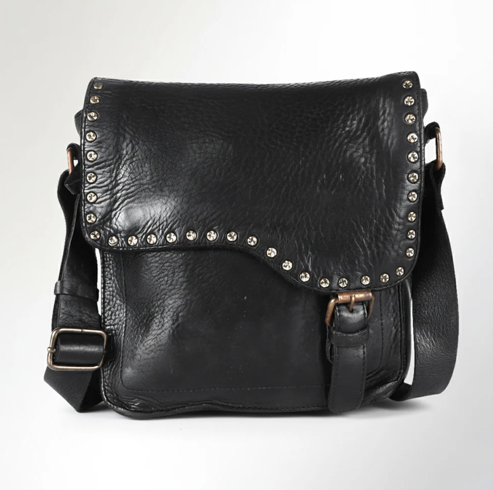 Spaghetti Western Black Leather Studded Envelope Crossbody Bag Festival Y2K Boho